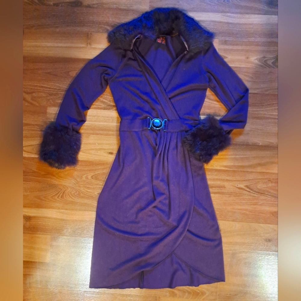 Faux Fur Winter Plum Purple Retro Sexy Vintage Knit Midi Dress Belted